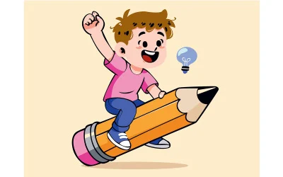Cheerful Cartoon Boy Riding a Big Pencil