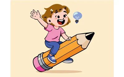Cheerful Cartoon Girl Sitting on a Big Yellow Pencil